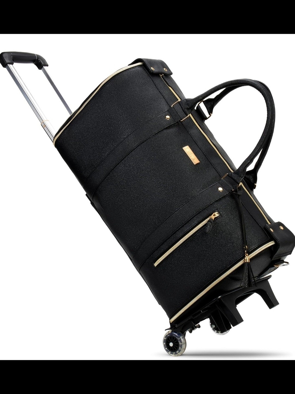 Black Rolling Duffel Bag with Gold Trim